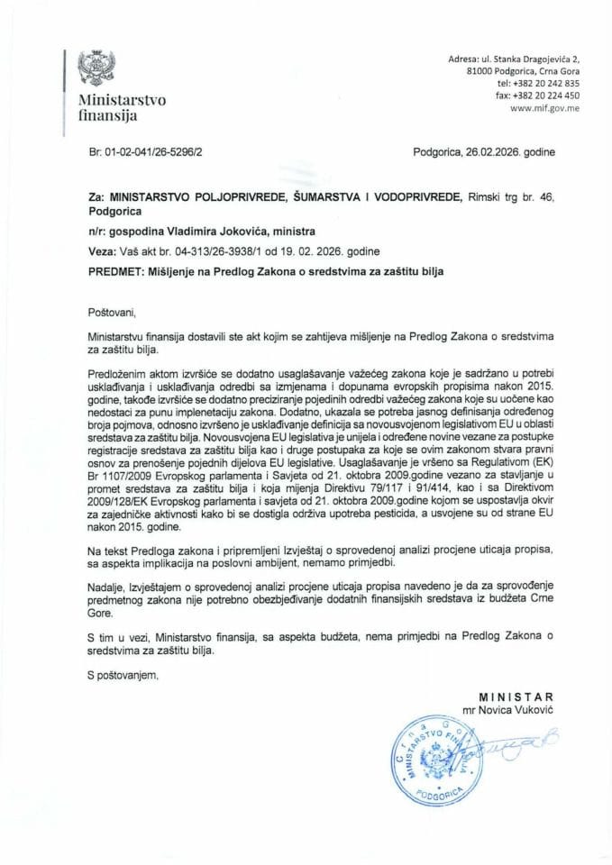 Mišljenje na Predlog Zakona o sredstvima za zaštitu bilja