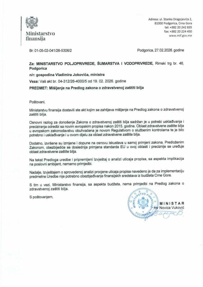 Mišljenje na Predlog Zakona o zdravstvenoj zaštiti bilja