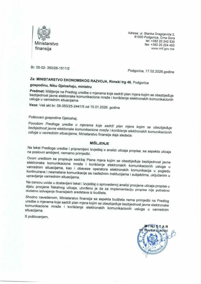 Mišljenje na Predlog uredbe o mjerama koje sadrži plan mjera kojim se obazbjeđuje bezbjednost javne elektronske komunikacione mreže i korišćenje elektronskih komunikacionih usluga u vanrednim situacijama