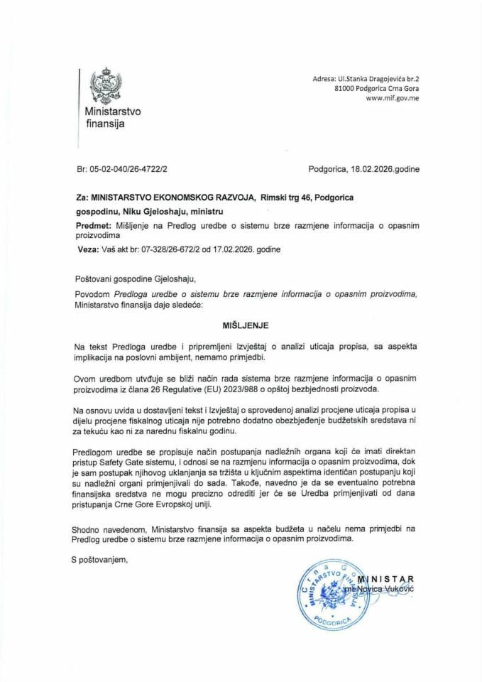 Mišljenje na Predlog uredbe o sistemu brze razmjene informacija o opasnim proizvodima