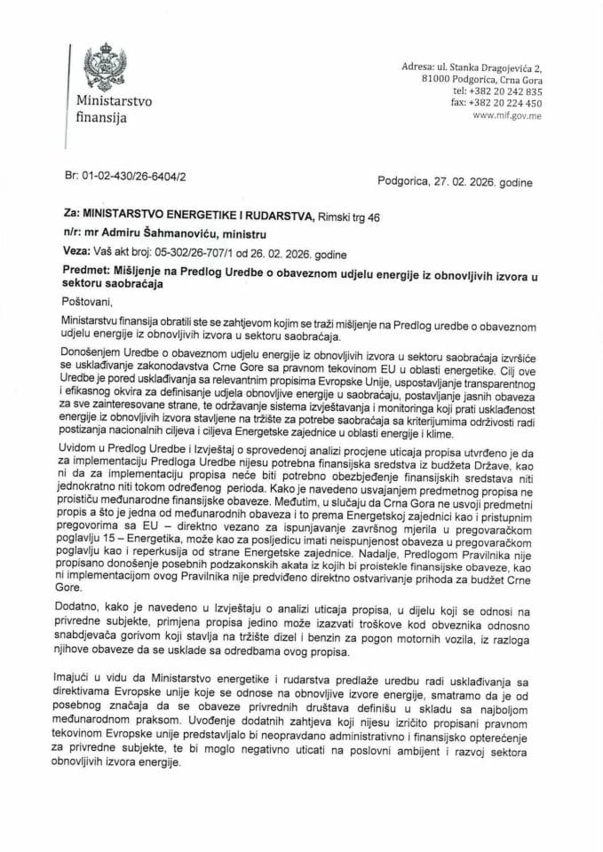 Mišljenje na Predlog Uredbe o obaveznom udjelu energije iz obnovljivih izvora u sektoru saobraćaja
