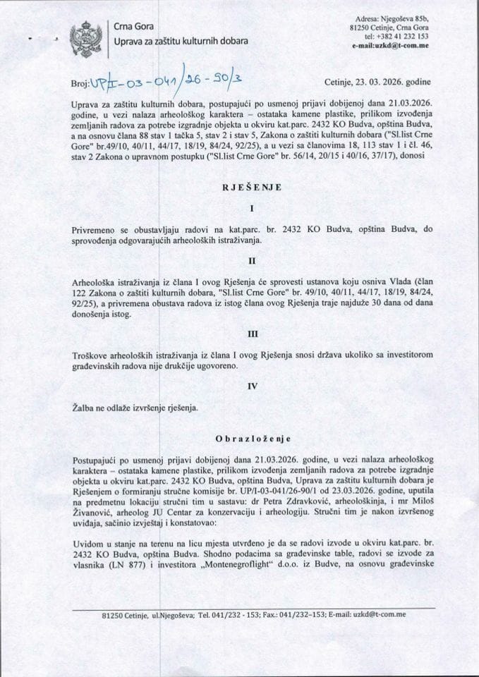 Rješenje o privremenoj obustavi radova Budva