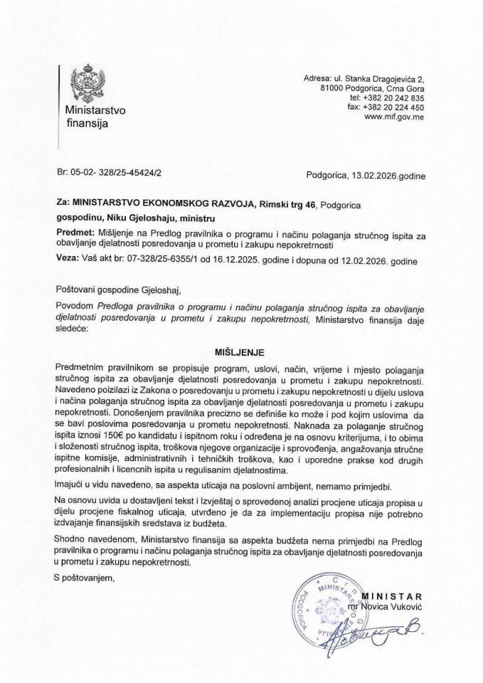 Mišljenje na Predlog pravilnika o programu i načinu polaganja stručnog ispita za obavljanje djelatnosti posredovanja u prometu i zakupu nepokretnosti