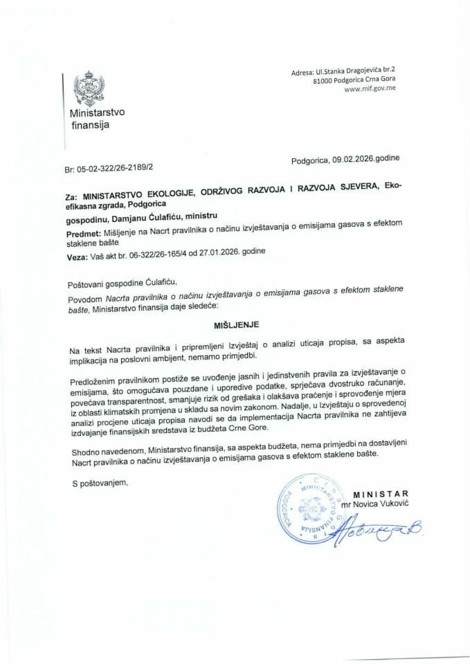 Mišljenje na Nacrt pravilnika o načinu izvještavanja o emisijama gasova s efektom staklene bašte