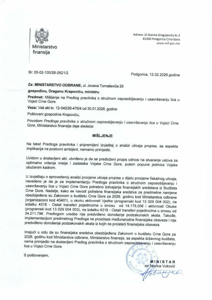 Mišljenje na Predlog pravilnika o stručnom osposobljavanju i usavršavanju lica u Vojsci Crne Gore