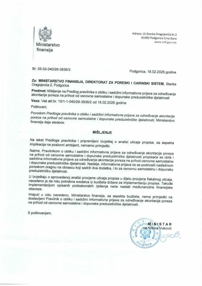 Mišljenje na Predlog pravilnika o obliku i sadržini informativne prijave za određivanje akontacije poreza na prihod od osnovne samostalne i dopunske preduzetničke djelatnosti