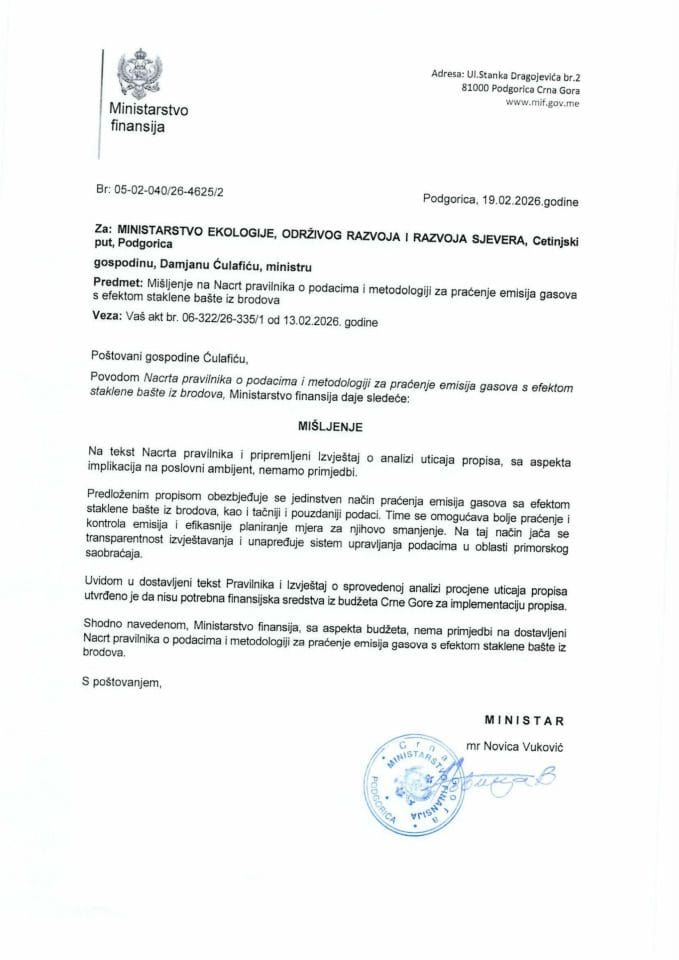 Mišljenje na Nacrt pravilnika o podacima i metodologiji za praćenje emisija gasova s efektom staklene bašte iz brodova