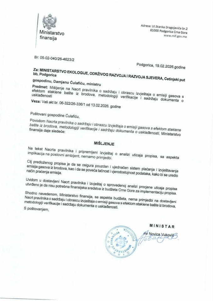 Mišljenje na Nacrt pravilnika o sadržaju i obrascu Izvještaja o emisiji gasova s efektom staklene bašte iz brodova, metodologiji verifikacije i sadržaju dokumenta o usklađenosti