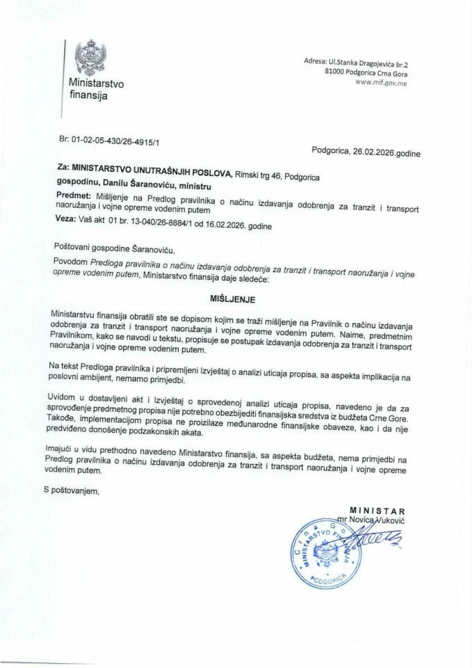 Mišljenje na Predlog pravilnika o načinu izdavanja odobrenja za tranzit i transport naoružanja i vojne opreme vodenim putem