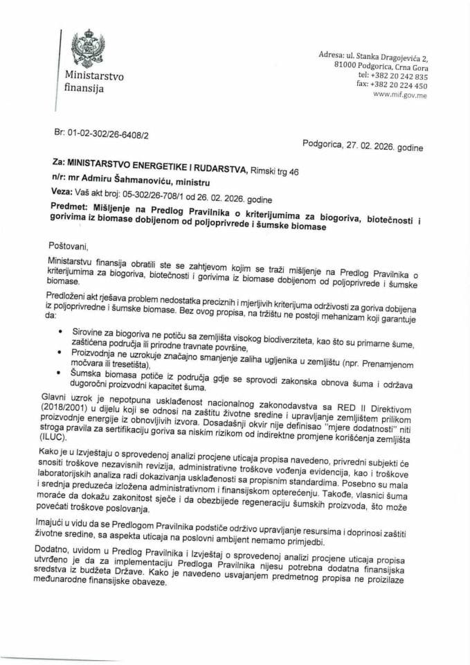 Mišljenje na Predlog Pravilnika o kriterijumima za biogoriva, biotečnosti i gorivima iz biomase dobijenom od poljoprivrede i šumske biomase
