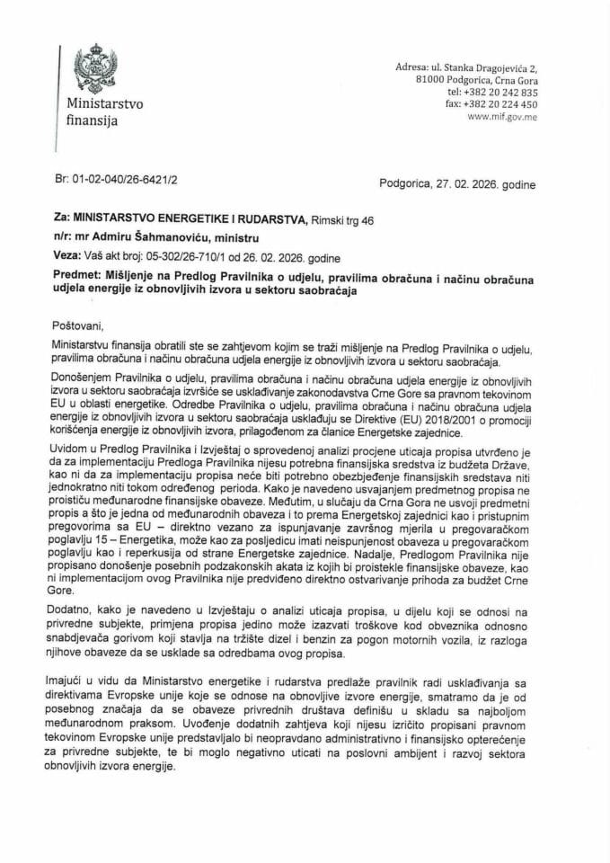 Mišljenje na Predlog Pravilnika o udjelu, pravilima obračuna i načinu obračuna udjela energije iz obnovljivih izvora u sektoru saobraćaja