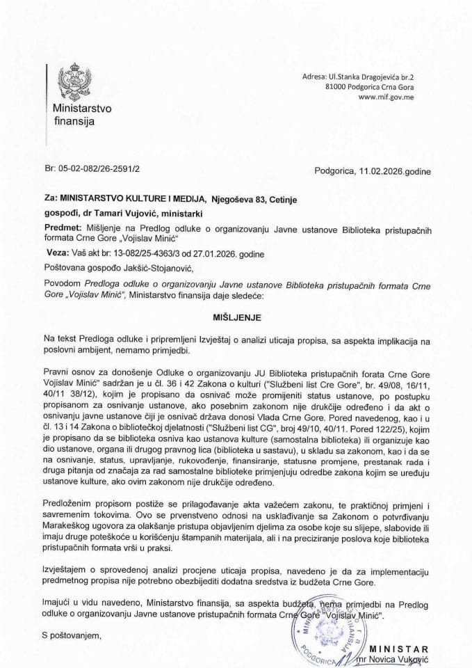 Mišljenje na Predlog odluke o organizovanju Javne ustanove Biblioteka pristupačnih formata Crne Gore Vojislav Minić