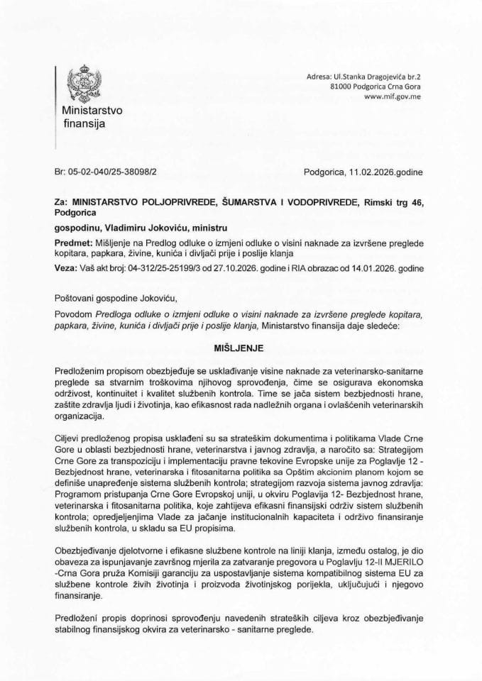 Mišljenje na Predlog odluke o izmjeni odluke o visini naknade za izvršene preglede kopitara, papkara, živine, kunića i divljači prije i poslije klanja