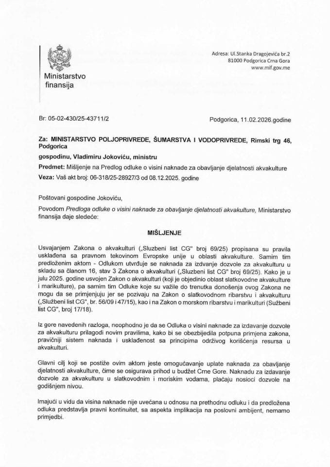 Mišljenje na Predlog odluke o visini naknade za obavljanje djelatnosti akvakulture