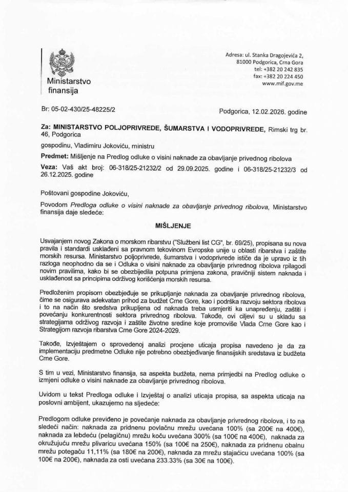 Mišljenje na Predlog odluke o visini naknade za obavljanje privrednog ribolova