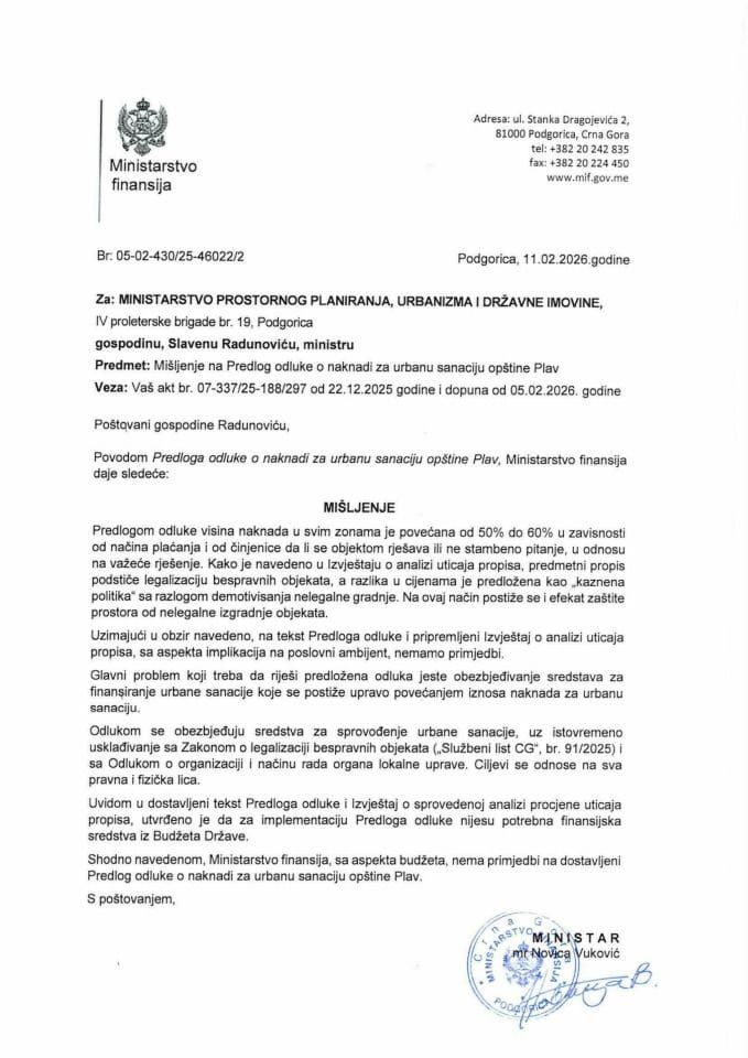 Mišljenje na Predlog odluke o naknadi za urbanu sanaciju opštine Plav