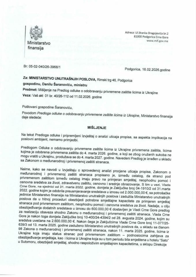 Mišljenje na Predlog odluke o odobravanju privremene zaštite licima iz Ukrajine