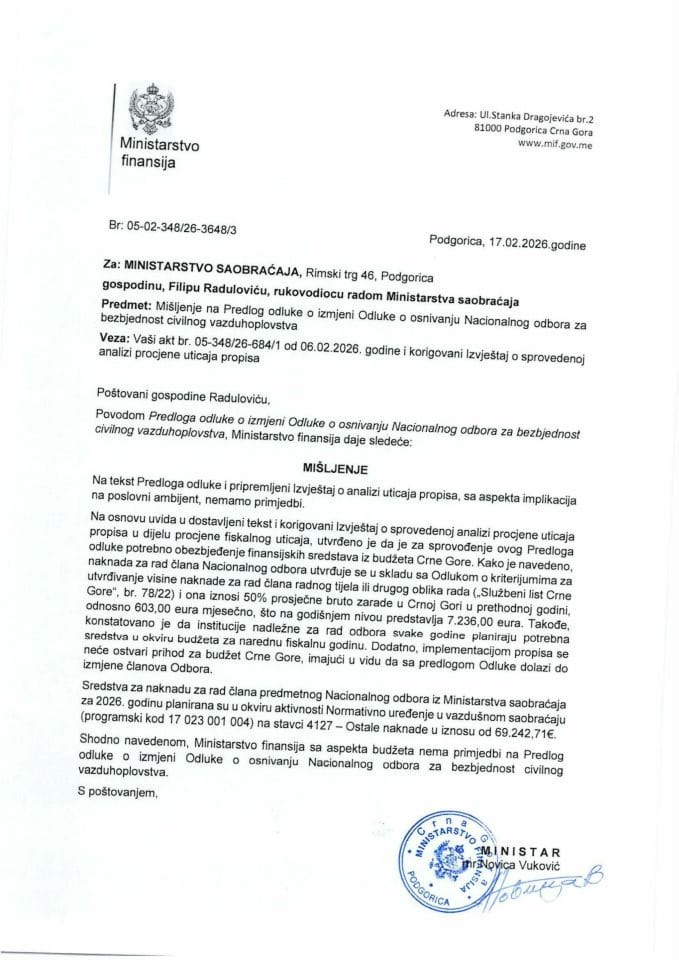 Mišljenje na Predlog odluke o izmjeni Odluke o osnivanju Nacionalnog odbora za bezbjednost civilnog vazduhoplovstva