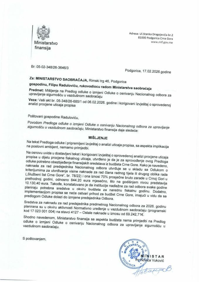 Mišljenje na Predlog odluke o izmjeni Odluke o osnivanju Nacionalnog odbora za upravljanje sigurnošću u vazdušnom saobraćaju