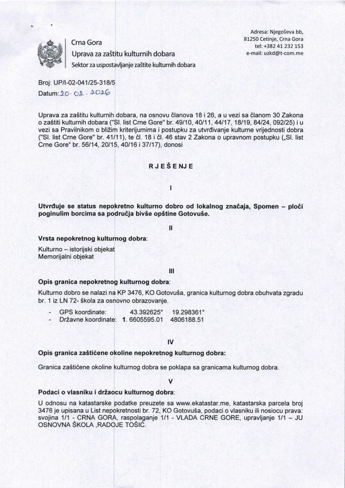 Rješenje o utvrđivanju statusa UP-I-02-041-25-318-5 od 20.02.2026.