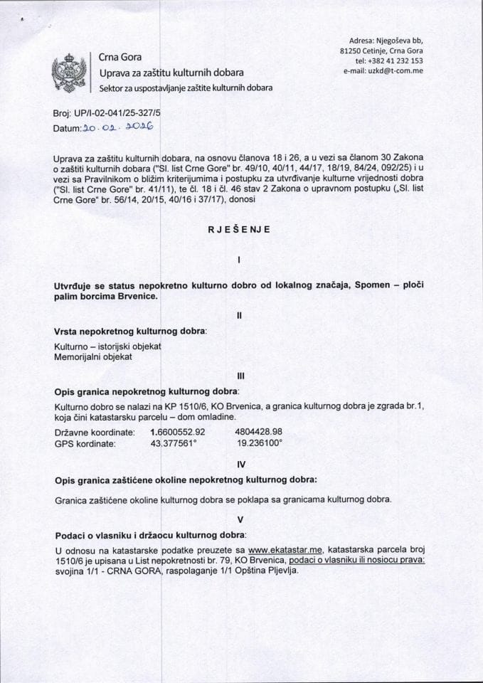 Rješenje o utvrđivanju statusa UP-I-02-041-25-327-5 od 20.02.2026.