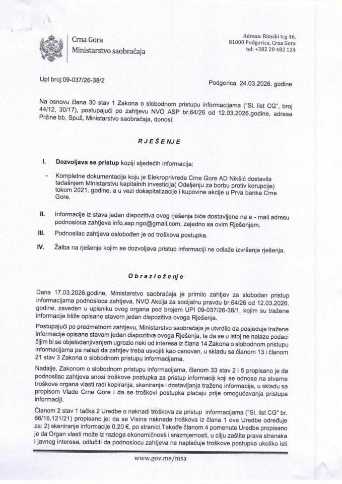 Rješenje  UPI 01-037-26-38-2 od 24.03.2026. godine