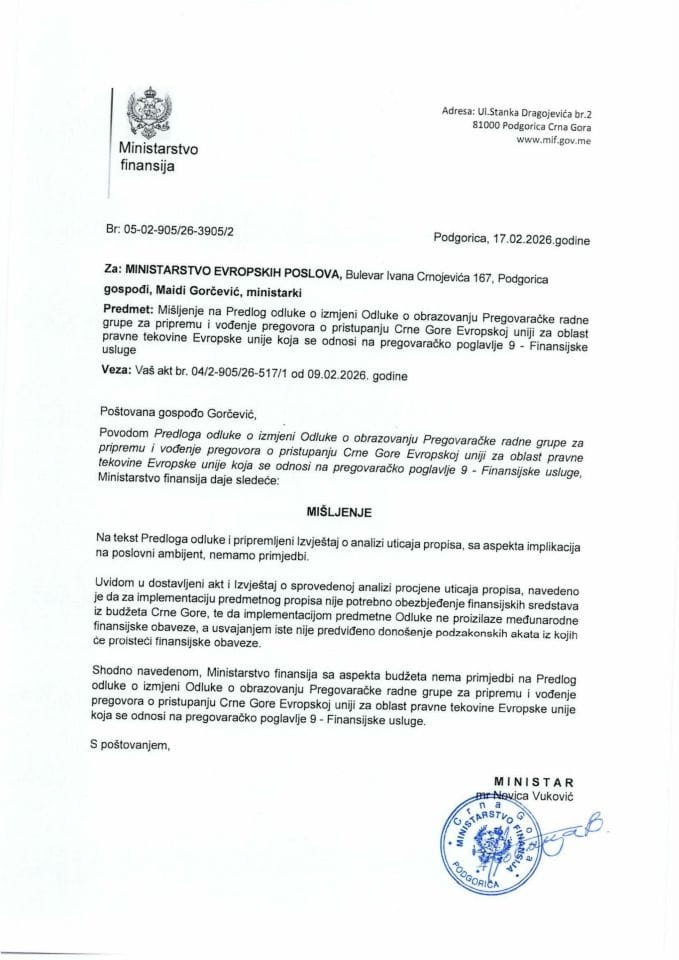 Mišljenje na Predlog odluke o izmjeni Odluke o obrazovanju Pregovaračke radne grupe za pripremu i vođenje pregovora o pristupanju Crne Gore Evropskoj uniji za oblast pravne tekovine Evropske unije