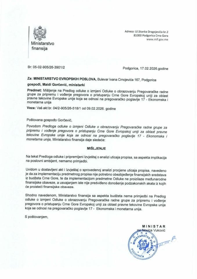 Mišljenje na Predlog odluke o izmjeni Odluke o obrazovanju Pregovaračke radne grupe za pripremu i vođenje pregovora o pristupanju Crne Gore Evropskoj uniji za oblast pravne tekovine