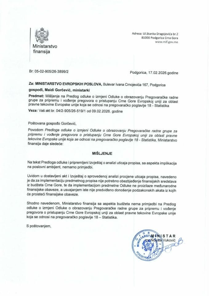 Mišljenje na Predlog odluke o izmjeni Odluke o obrazovanju Pregovaračke radne grupe za pripremu i vođenje pregovora  - pregovaračko poglavlje 18 Statistika