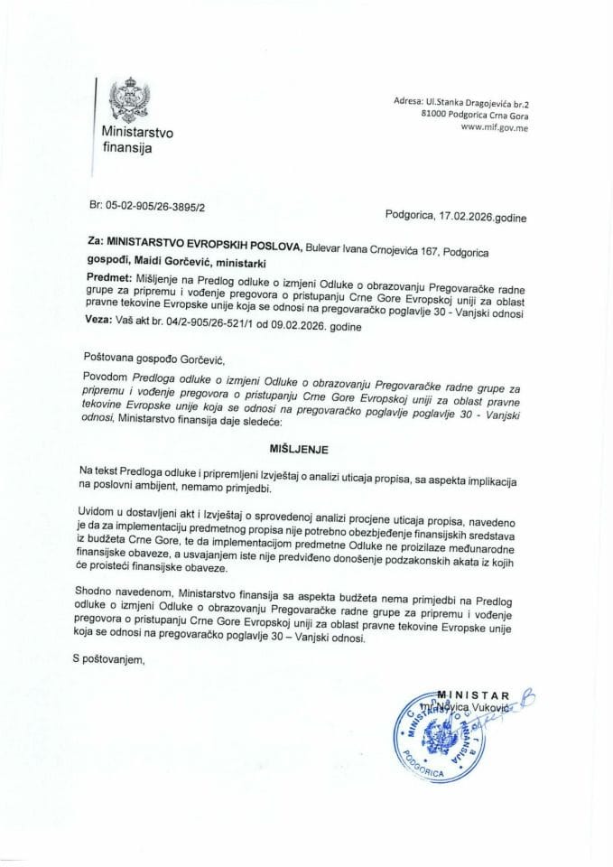 Mišljenje na Predlog odluke o izmjeni Odluke o obrazovanju Pregovaračke radne grupe za pripremu i vođenje pregovora o pristupanju CG EU - pregovaračko poglavlje 30 Vanjski odnosi