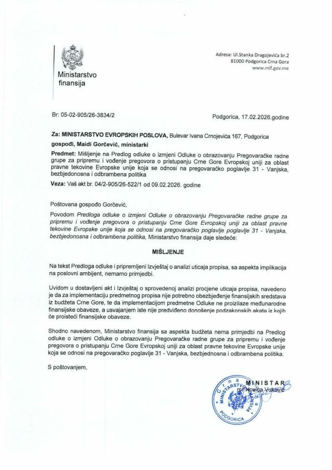 Mišljenje na Predlog odluke o izmjeni Odluke o obrazovanju Pregovaračke radne grupe za pripremu i vođenje pregovora o pristupanju CG EU - pregovaračko poglavlje 31 Vanjska politika, bezbjednosna i odbrambena politika