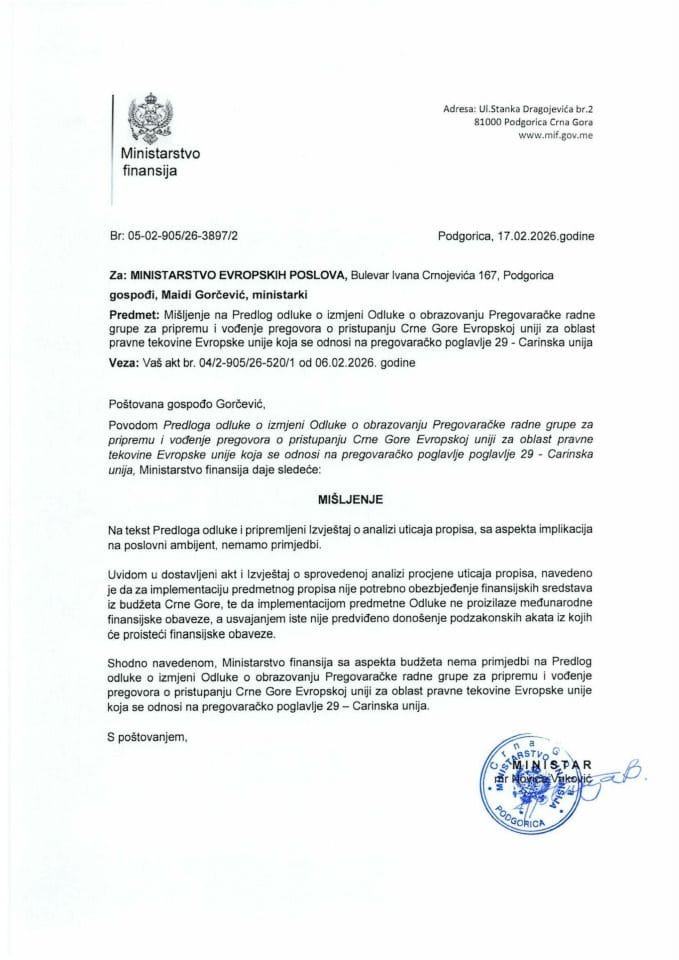 Mišljenje na Predlog odluke o izmjeni Odluke o obrazovanju Pregovaračke radne grupe za pripremu i vođenje pregovora o pristupanju CG EU - pregovaračko poglavlje 29 Carinska unija