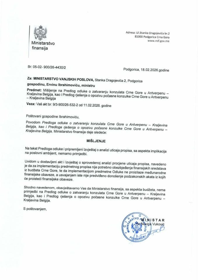 Mišljenje na Predlog odluke o zatvaranju konzulata Crne Gore u Antverpenu - Kraljevina Belgija, kao i Predlog rješenja o opozivu počasne konzulke CG u Antverpenu - Kraljevina Belgija