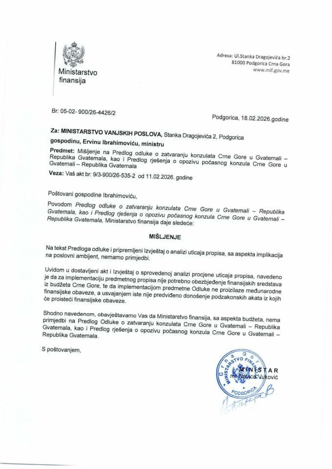 Mišljenje na Predlog odluke o zatvaranju konzulata Crne Gore u Gvatemali - Republika Gvatemala, kao i Predlog rješenja o opozivu počasnog konzula CG u Gvatemali - Republika Gvatemala