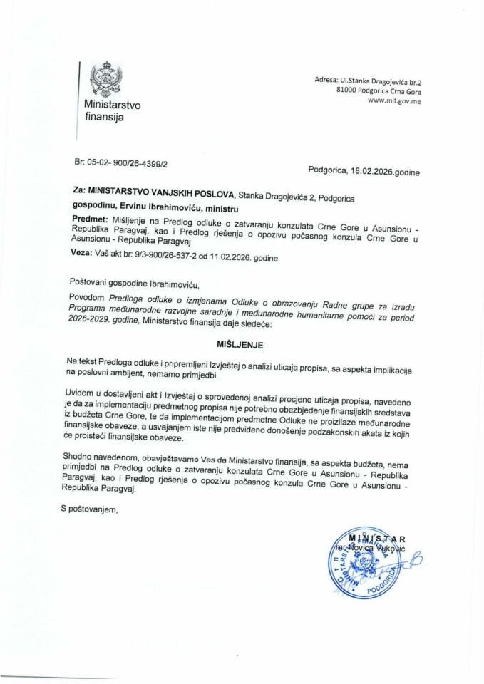 Mišljenje na Predlog odluke o zatvaranju konzulata Crne Gore u Asunsionu - Republika Paragvaj, kao i Predlog rješenja o opozivu počasnog konzula CG u Asunsionu - Republika Paragvaj