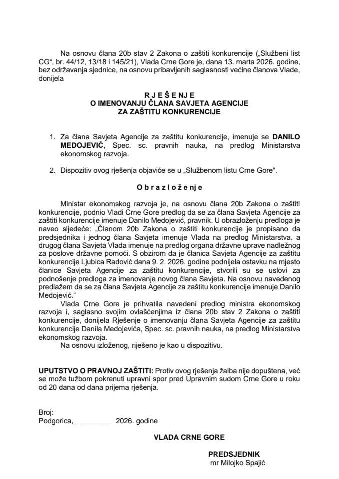 Predlog za imenovanje člana Savjeta Agencije za zaštitu konkurencije