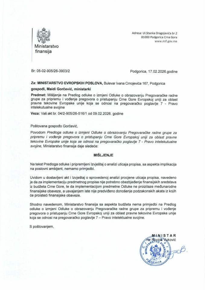 Mišljenje na Predlog odluke o izmjeni Odluke o obrazovanju Pregovaračke radne grupe za pripremu i vođenje pregovora o pristupanju CG EU - pregovaračko poglavlje 7 Pravo intelektualne svojine