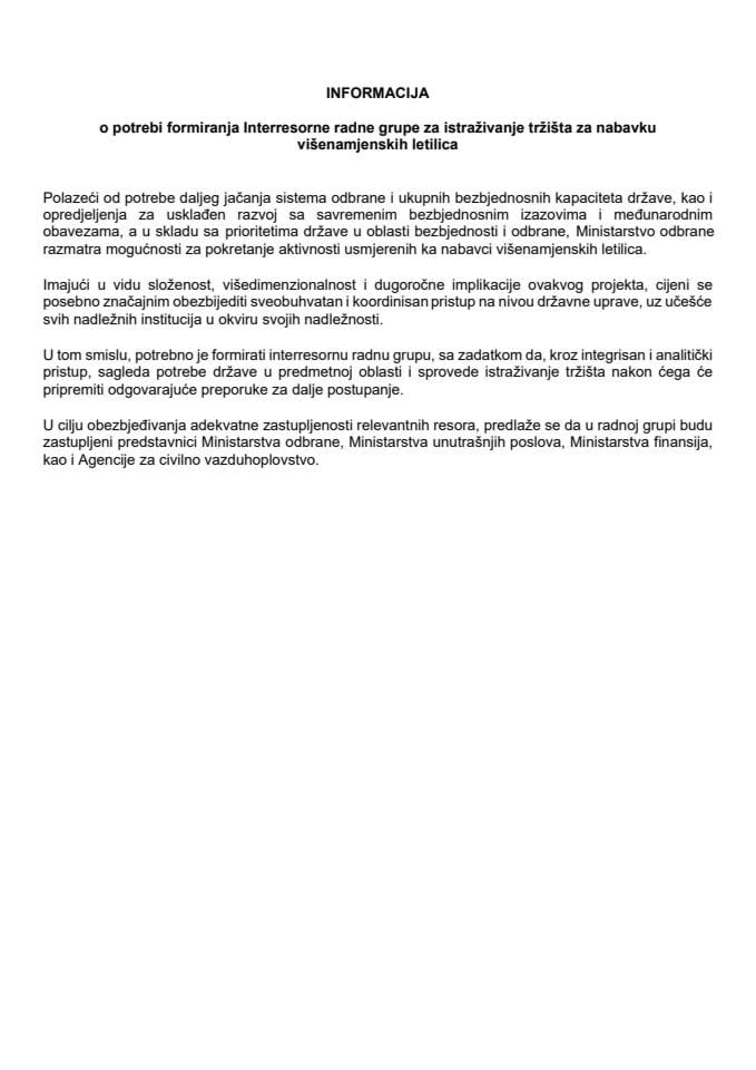 Informacija o potrebi formiranja Interresorne radne grupe za istraživanje tržišta za nabavku višenamjenskih letilica