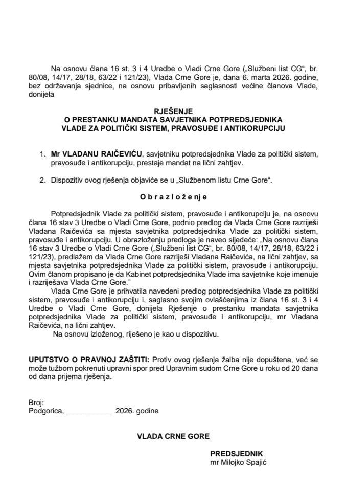 Predlog za prestanak mandata savjetnika potpredsjednika Vlade za politički sistem, pravosuđe i antikorupciju