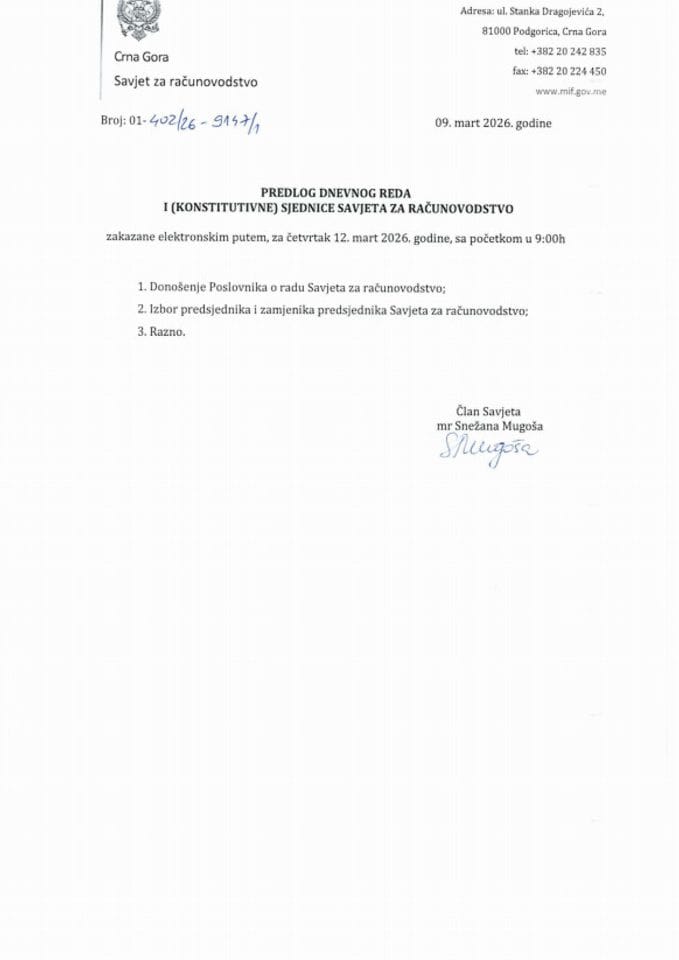 Predlog dnevnog reda za prvu sjednicu Savjeta za računovodstvo