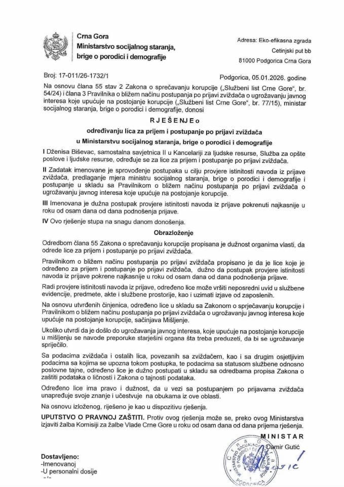 Rješenje o određivanju lica za prijem i postupanje po prijavi zviždača