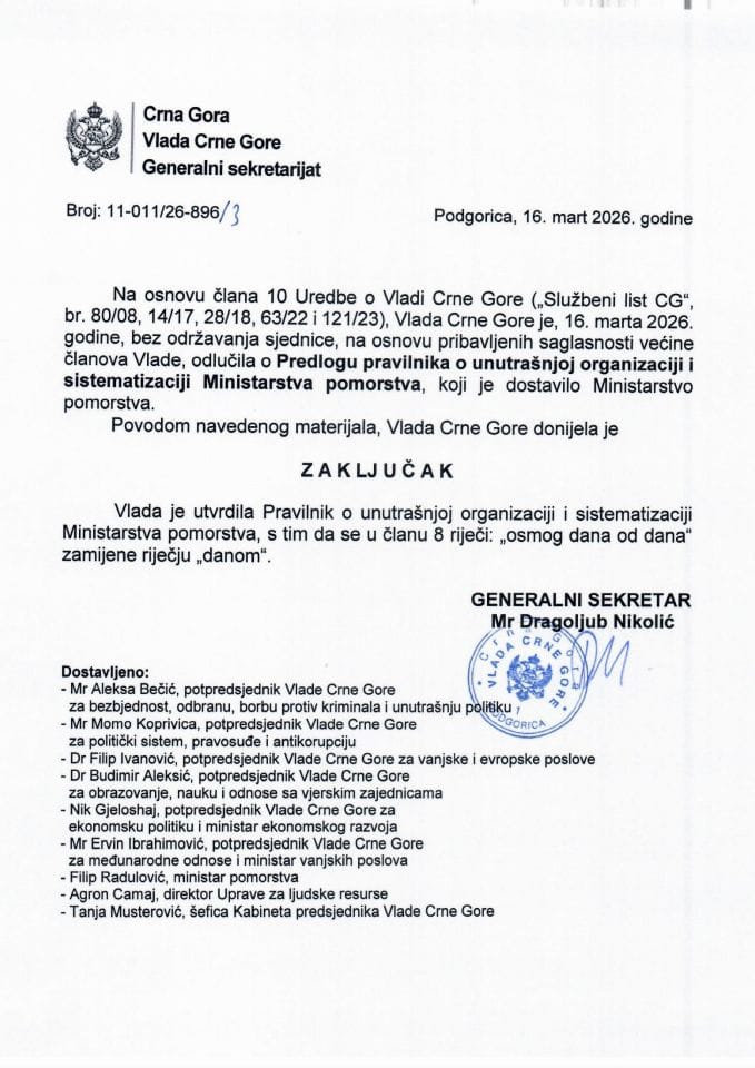 Predlog pravilnika o unutrašnjoj organizaciji i sistematizaciji Ministarstva pomorstva - zaključci