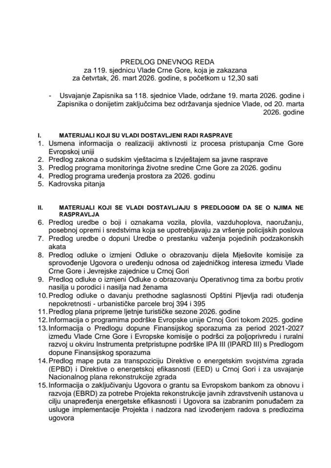 Predlog dnevnog reda za 119. sjednicu Vlade Crne Gore