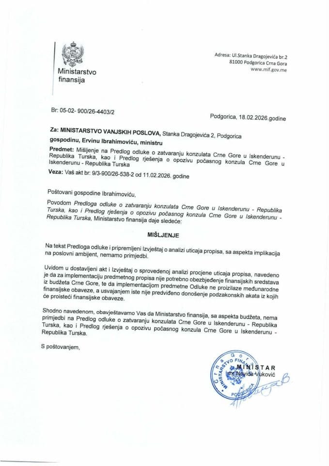 Mišljenje na Predlog odluke o zatvaranju konzulata Crne Gore u Iskenderunu - Republika Turska