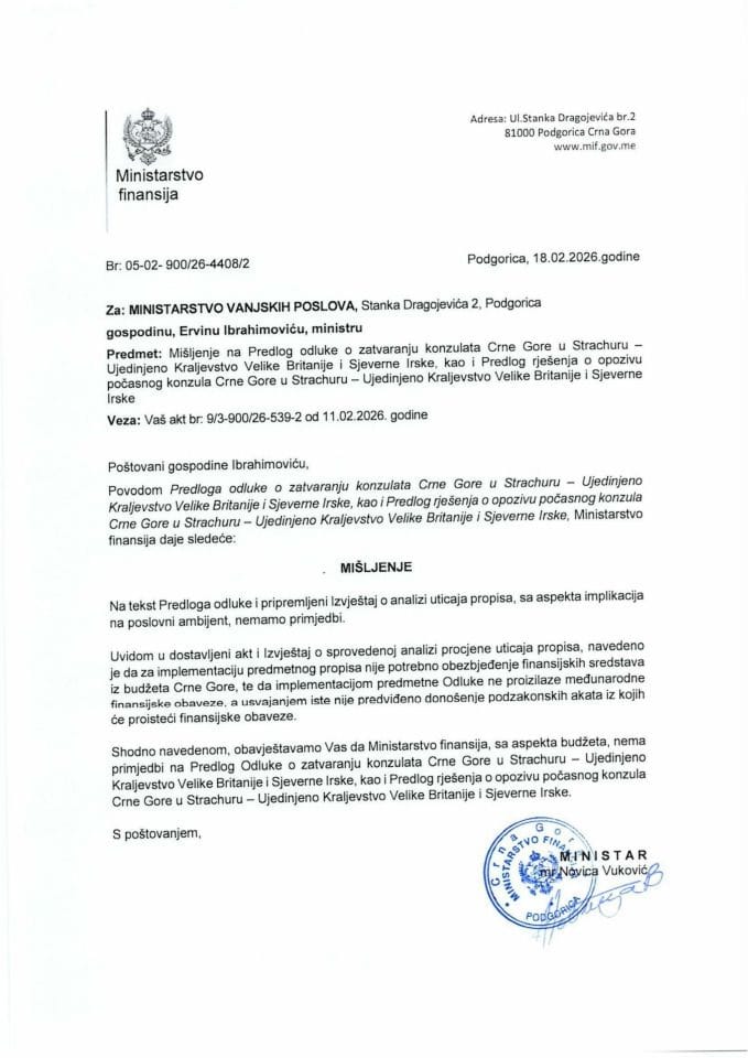 Mišljenje na Predlog odluke o zatvaranju konzulata Crne Gore u Strachuru - Ujedinjeno Kraljevstvo Velike Britanije i Sjeverne Irske