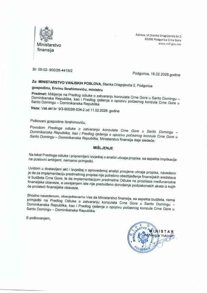 Mišljenje na Predlog odluke o zatvaranju konzulata Crne Gore u Santo Domingu - Dominikanska Republika