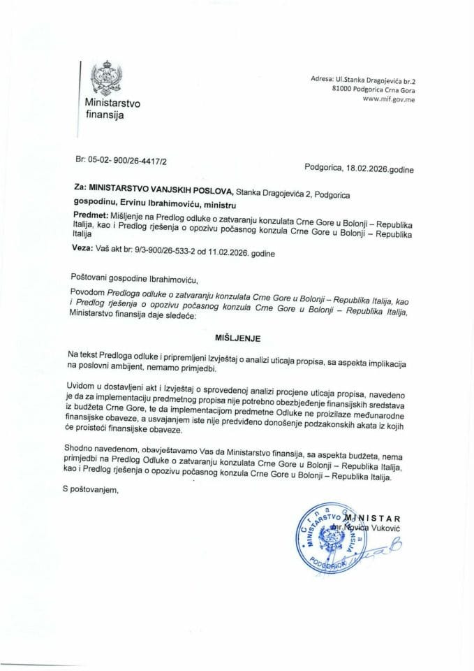 Mišljenje na Predlog odluke o zatvaranju konzulata Crne Gore u Bolonji - Republika Italija
