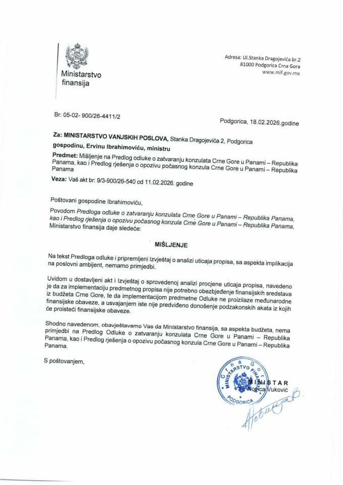 Mišljenje na Predlog odluke o zatvaranju konzulata Crne Gore u Panami - Republika Panama