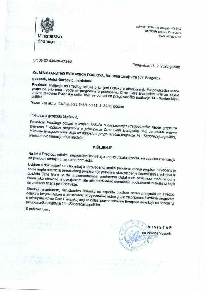Mišljenje na Predlog odluke o izmjeni Odluke o obrazovanju Pregovaračke radne grupe za pripremu i vođenje pregovora o pristupanju CG EU - pregovarčko poglavlje 14 Saobraćajna politika