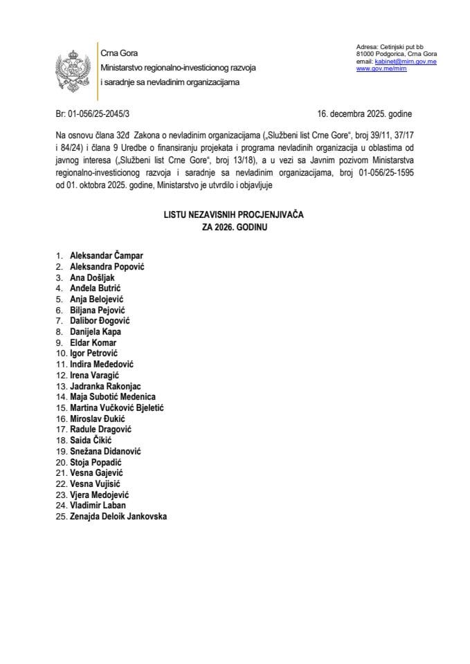 Lista nezavisnih procjenjivača za 2026.